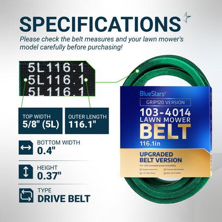 BlueStars 103-4014 lawn mower drive belt specifications chart showing 5/8 inch width and 116.1 inch outer length.