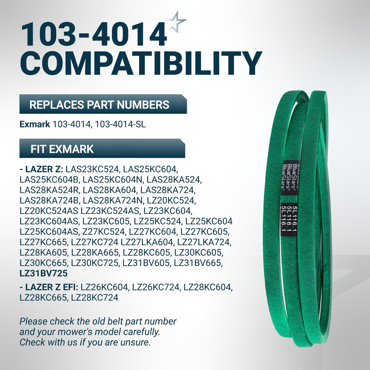 Green replacement mower deck belt for Exmark 103-4014 with compatibility chart.