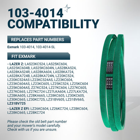 Green replacement mower deck belt for Exmark 103-4014 with compatibility chart.