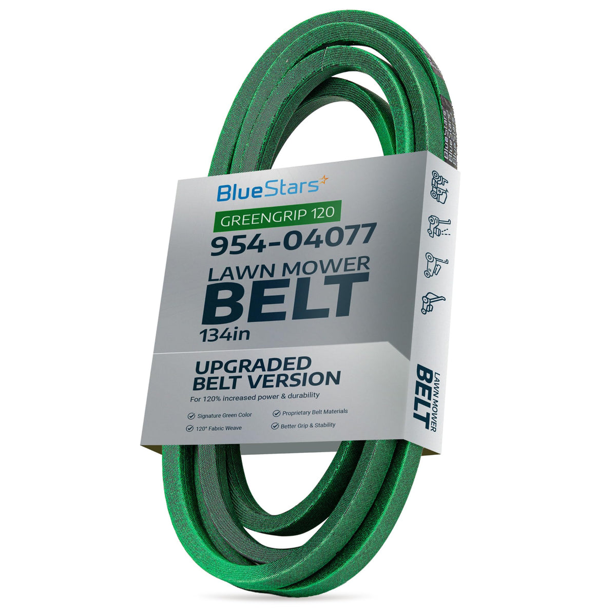 Green 134-inch lawn mower deck belt 954-04077A in BlueStars branded packaging.