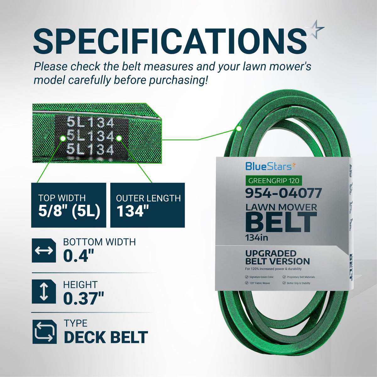 Specification chart for 954-04077A lawn mower deck belt showing dimensions and product details.