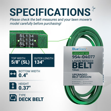 Specification chart for 954-04077A lawn mower deck belt showing dimensions and product details.