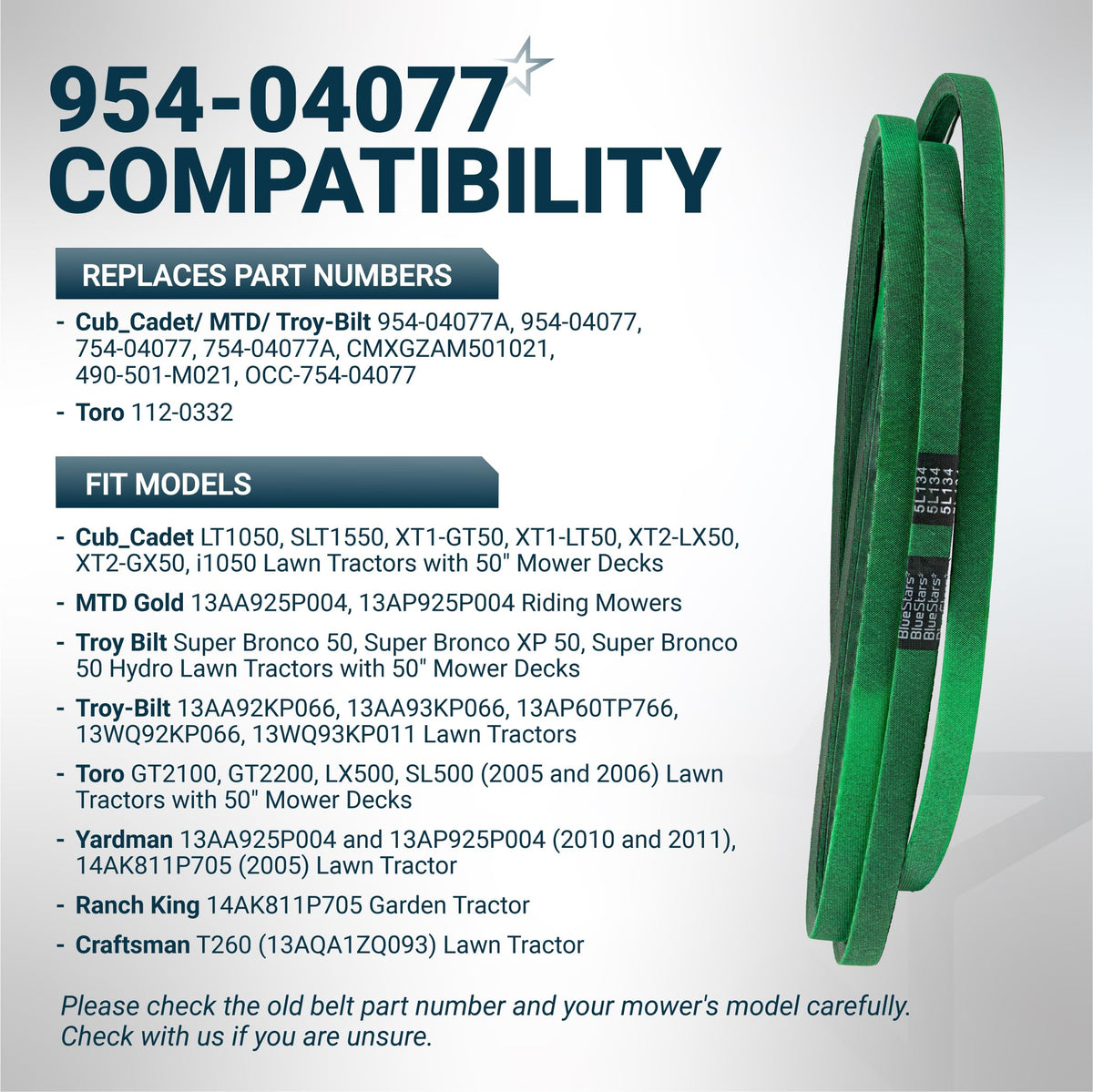 954-04077A green deck belt for 50-inch Cub Cadet, MTD, and Troy-Bilt lawn mowers with compatibility chart.