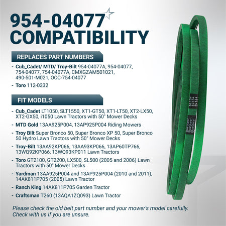 954-04077A green deck belt for 50-inch Cub Cadet, MTD, and Troy-Bilt lawn mowers with compatibility chart.