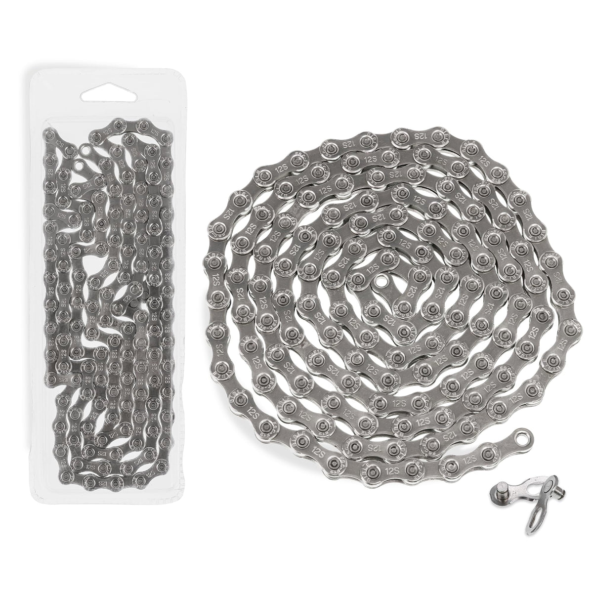 12-speed bike chain in retail packaging with coiled chain and quick link connector.