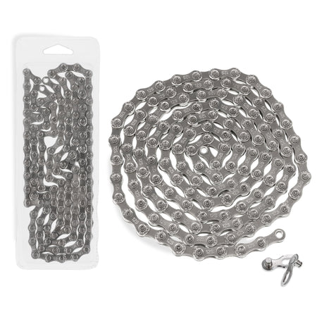 12-speed bike chain in retail packaging with coiled chain and quick link connector.