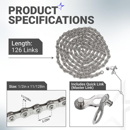 Infographic showing 12-speed bike chain specifications, 126 links, 1/2 x 11/128 inch dimensions, and quick link detail.