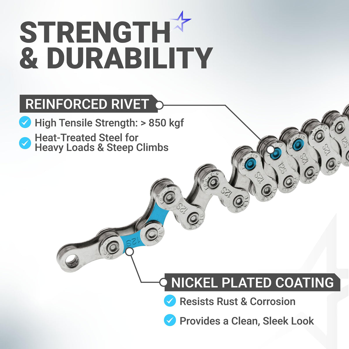 Close-up of 12 speed bike chain showing reinforced rivets and nickel-plated anti-rust coating for durability.