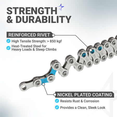 Close-up of 12 speed bike chain showing reinforced rivets and nickel-plated anti-rust coating for durability.