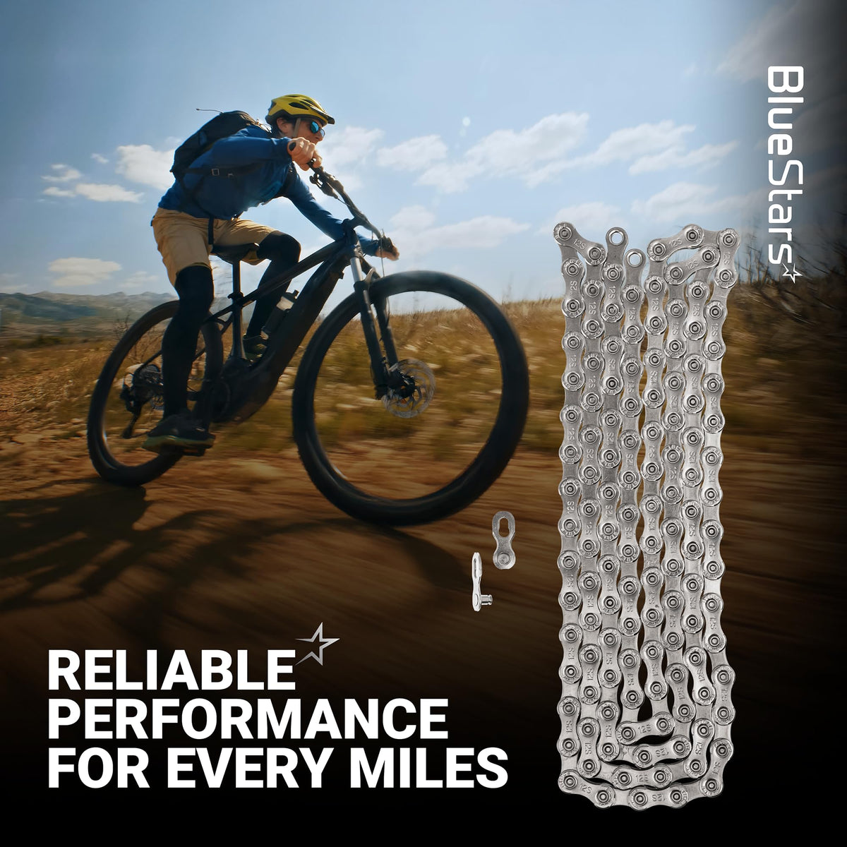 12-speed bike chain with quick link for mountain and road bikes, displayed against a cyclist background.