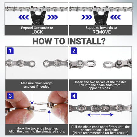 Instructional diagram showing how to install a 12 speed bike chain using a quick link connector.