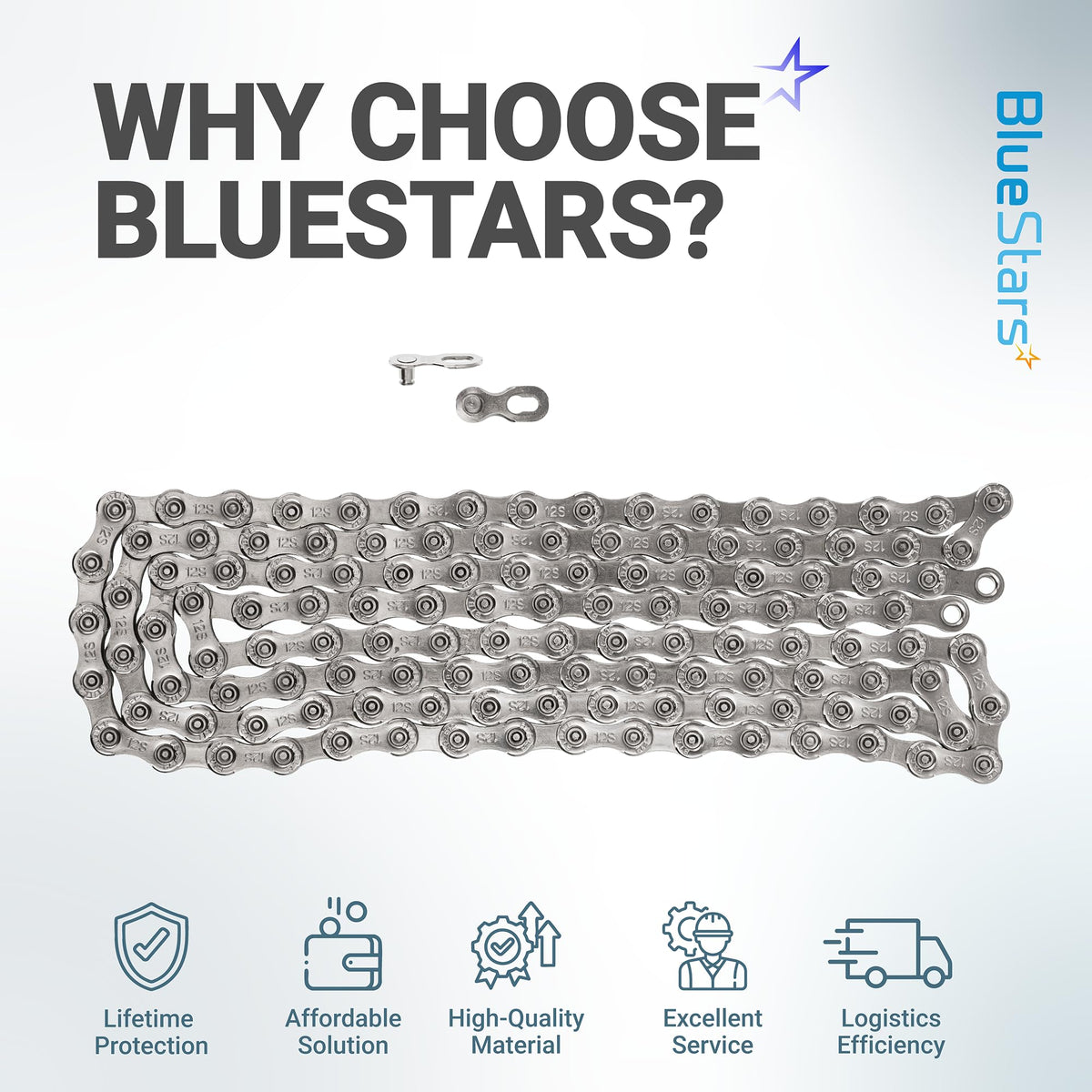 12-speed bicycle chain with quick link connector and BlueStars branding infographic.