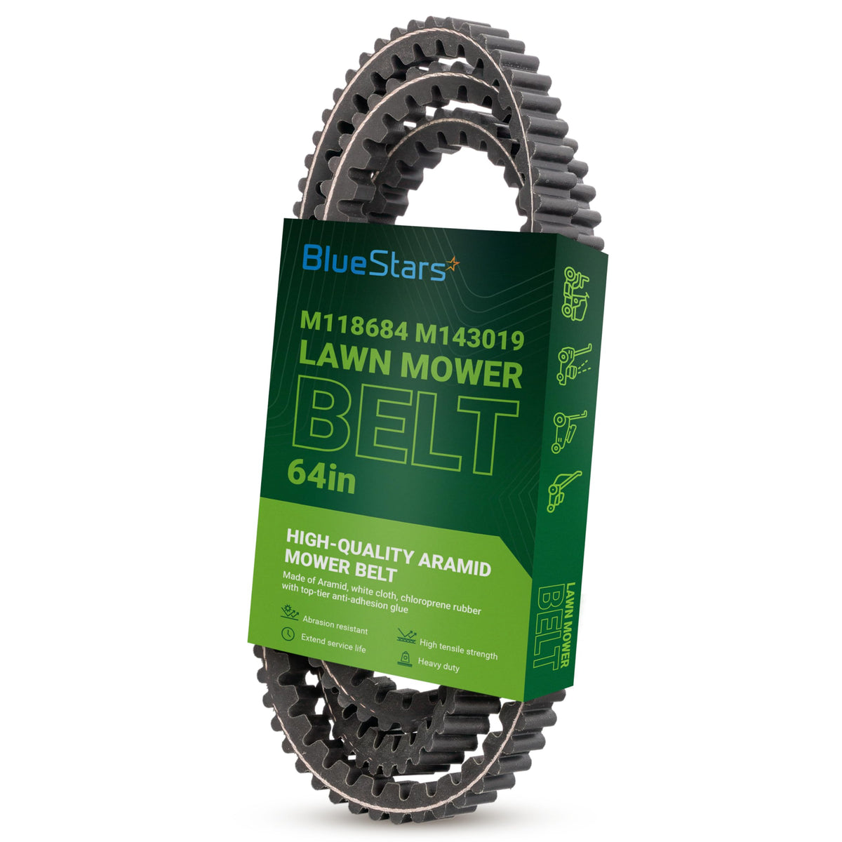 BlueStars M118684 M143019 mower deck belt in branded packaging for John Deere lawn mowers.