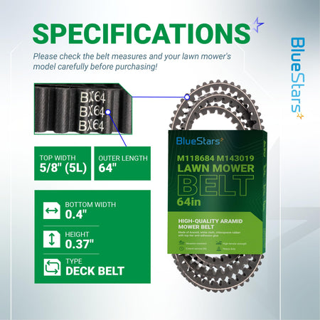 BlueStars M118684 M143019 lawn mower deck belt specifications chart showing dimensions and BX64 part number detail.