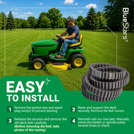 Replacement BX64 mower deck belt with installation instructions for a riding lawn mower.