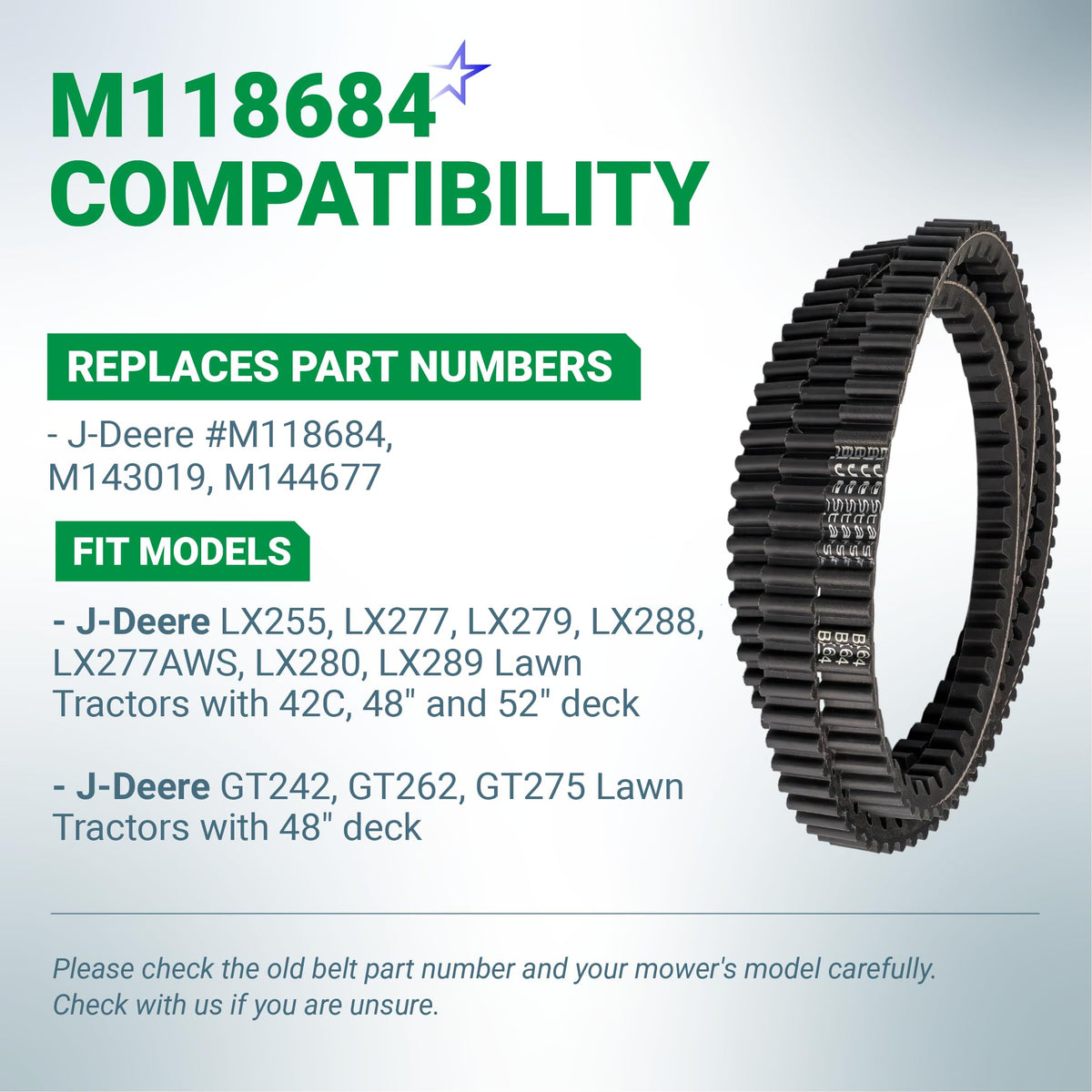Replacement mower deck drive belt for John Deere M118684, M143019, and M144677 compatible with LX and GT series tractors.