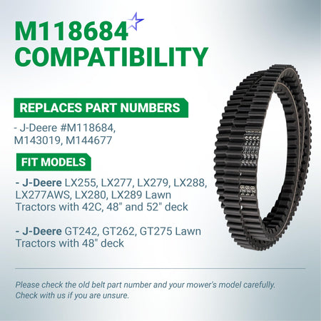 Replacement mower deck drive belt for John Deere M118684, M143019, and M144677 compatible with LX and GT series tractors.