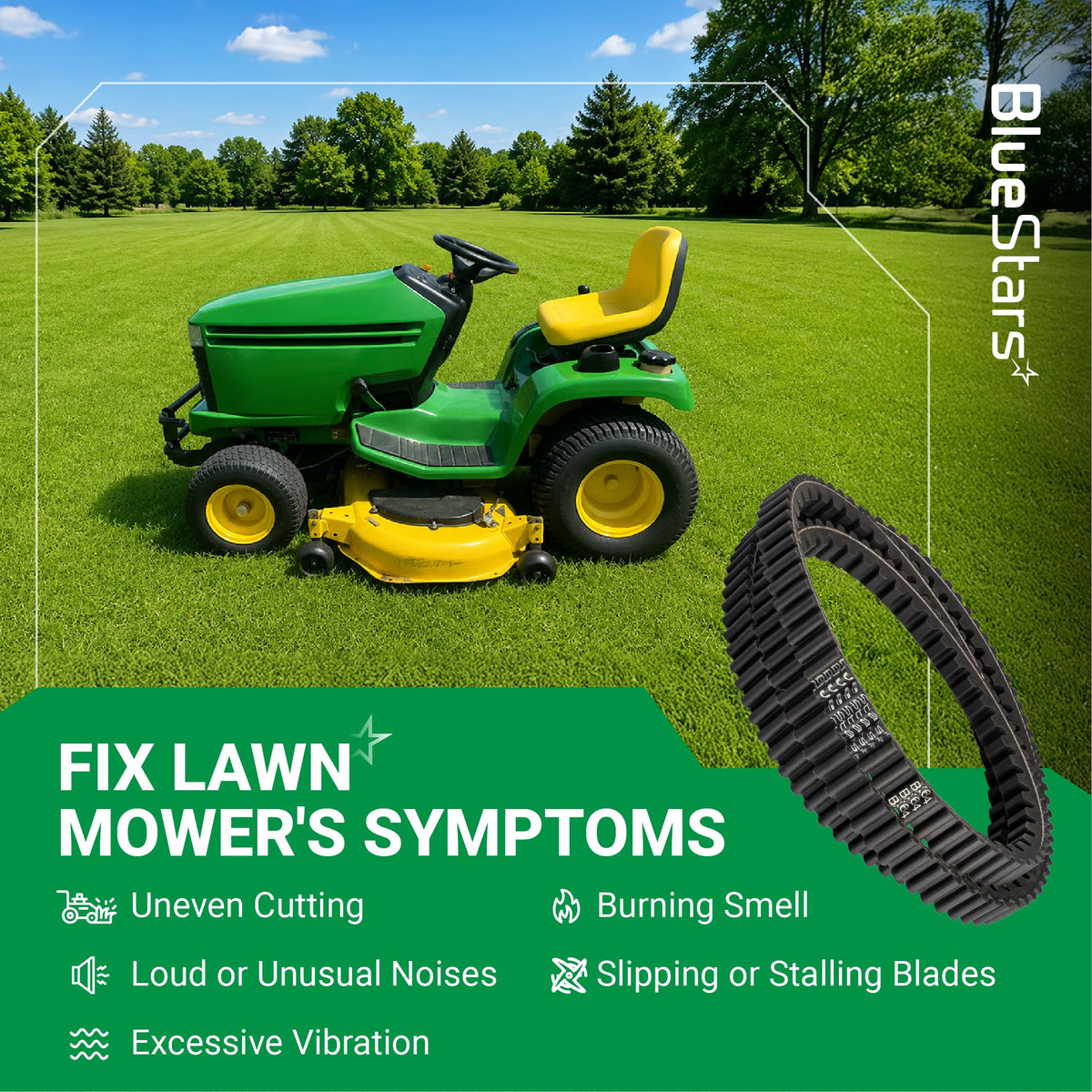 Replacement lawn mower drive belt for fixing uneven cutting and blade stalling symptoms.