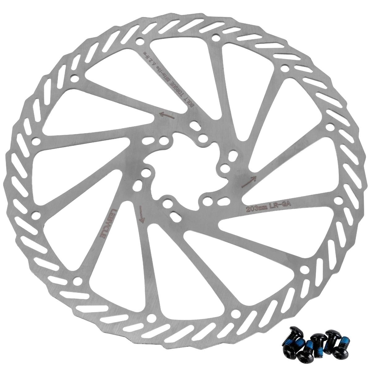 203mm stainless steel bike disc brake rotor with six mounting bolts isolated on white background.