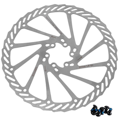 203mm stainless steel bike disc brake rotor with six mounting bolts isolated on white background.