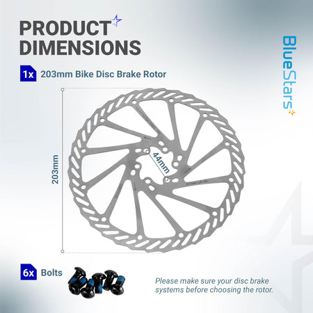 Dimension diagram showing 203mm stainless steel bike disc brake rotor and 6 mounting bolts.