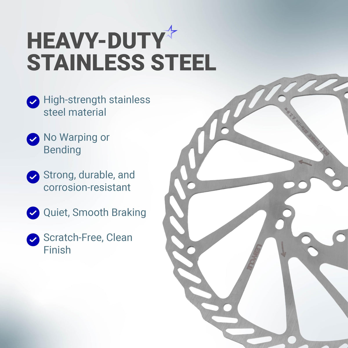 Close-up of 203mm stainless steel bike disc brake rotor with feature list infographic.