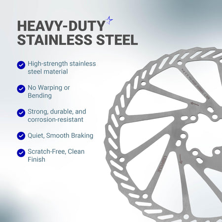 Close-up of 203mm stainless steel bike disc brake rotor with feature list infographic.