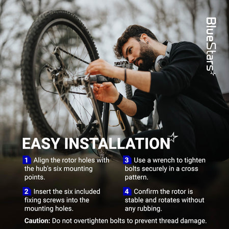 Cyclist installing a 203mm stainless steel disc brake rotor with 6 bolts on a mountain bike wheel.