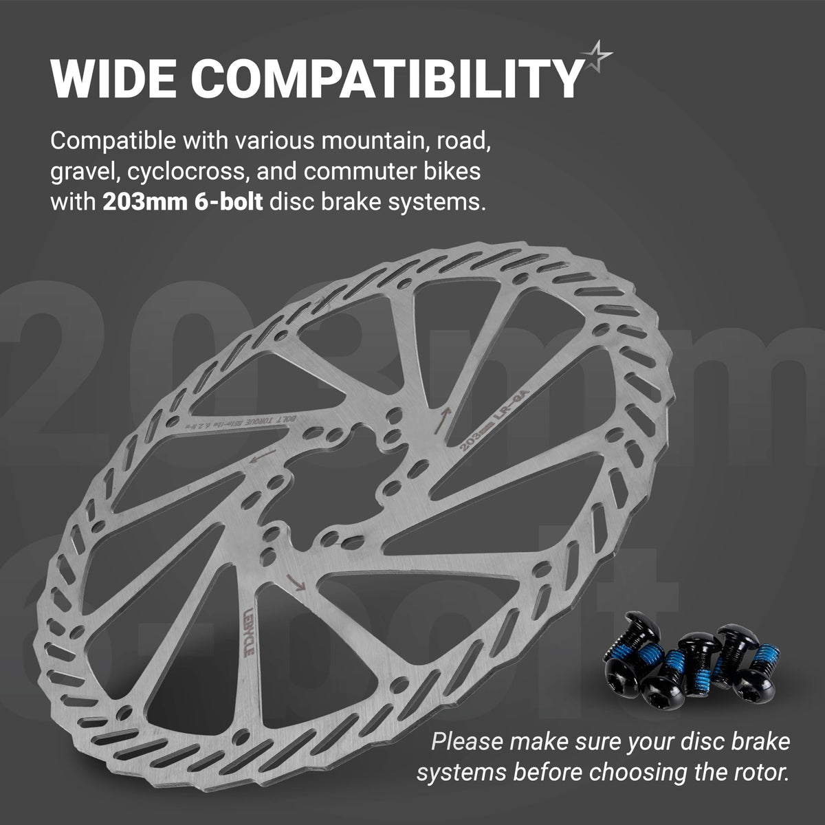 203mm stainless steel bike disc brake rotor with six mounting bolts for mountain and road bike systems.