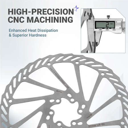 Close-up of 203mm stainless steel bike disc brake rotor being measured with a digital caliper for thickness.