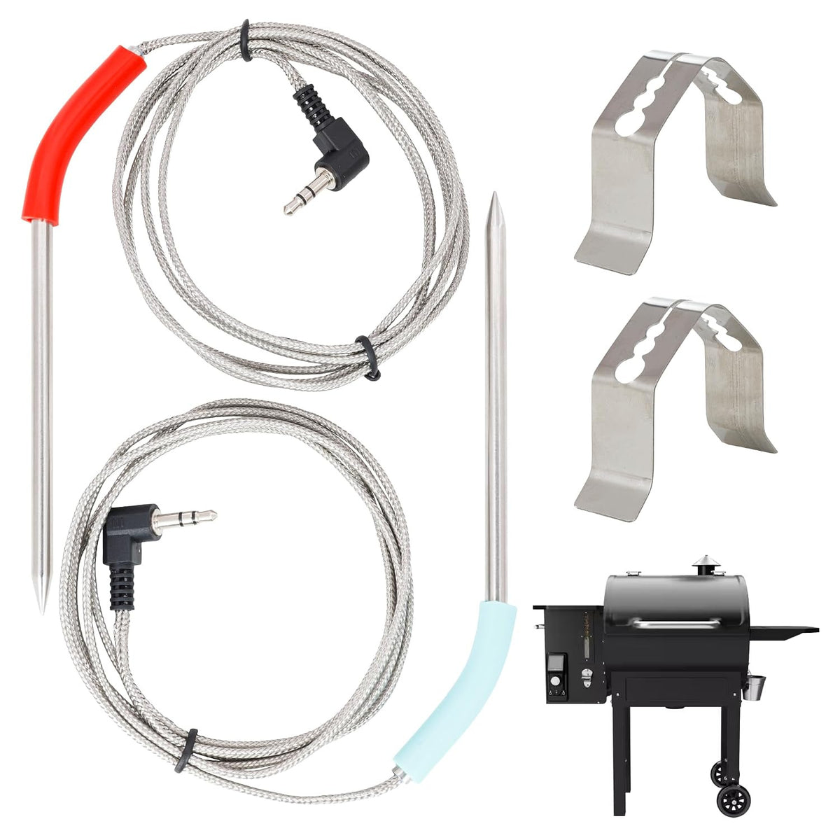 2-Pack Meat Probe for Camp Chef Pellet Grills & Smokers, two probes with clips beside a pellet grill