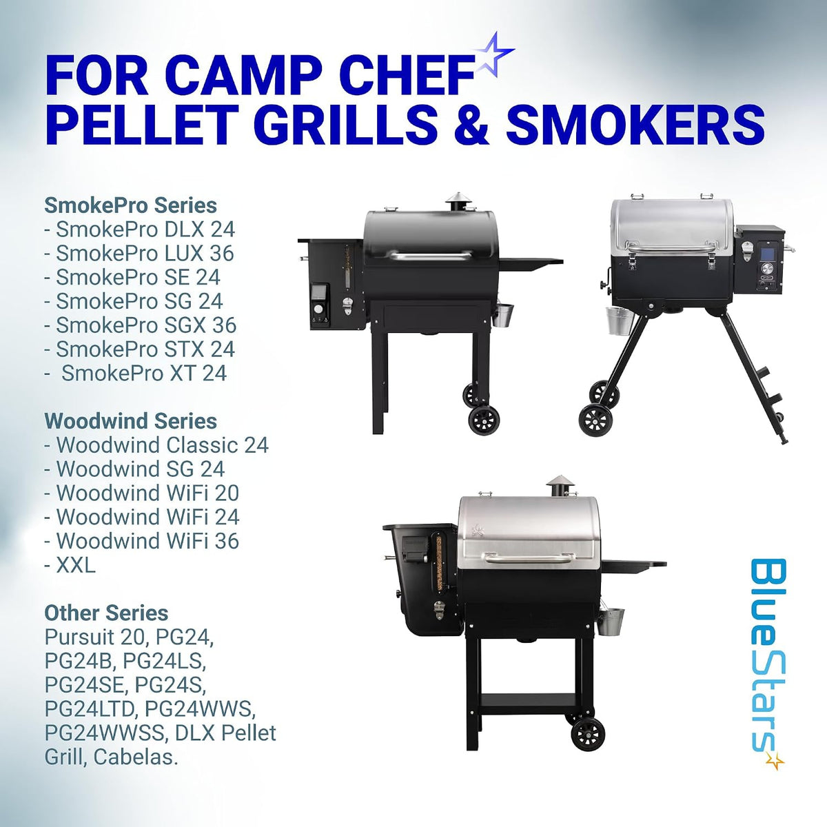 2-Pack Meat Probe for Camp Chef Pellet Grills & Smokers, compatibility chart with grill series and illustrations