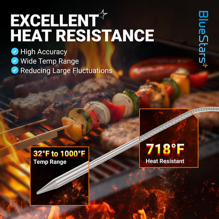 2-Pack Meat Probe for Camp Chef Pellet Grills & Smokers, probes shown over grilled food with heat resistance graphic