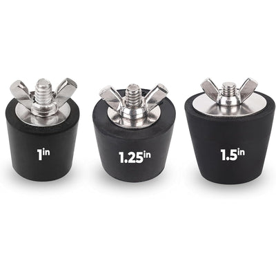 Set of three rubber pool winterizing expansion plugs in 1 inch, 1.25 inch, and 1.5 inch sizes with stainless steel screws.