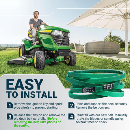 BlueStars M151649 replacement mower deck belt with easy installation instructions and riding lawn mower graphic.