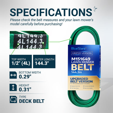 BlueStars M151649 lawn mower deck belt specifications chart showing 144.3-inch length and 1/2-inch width dimensions.