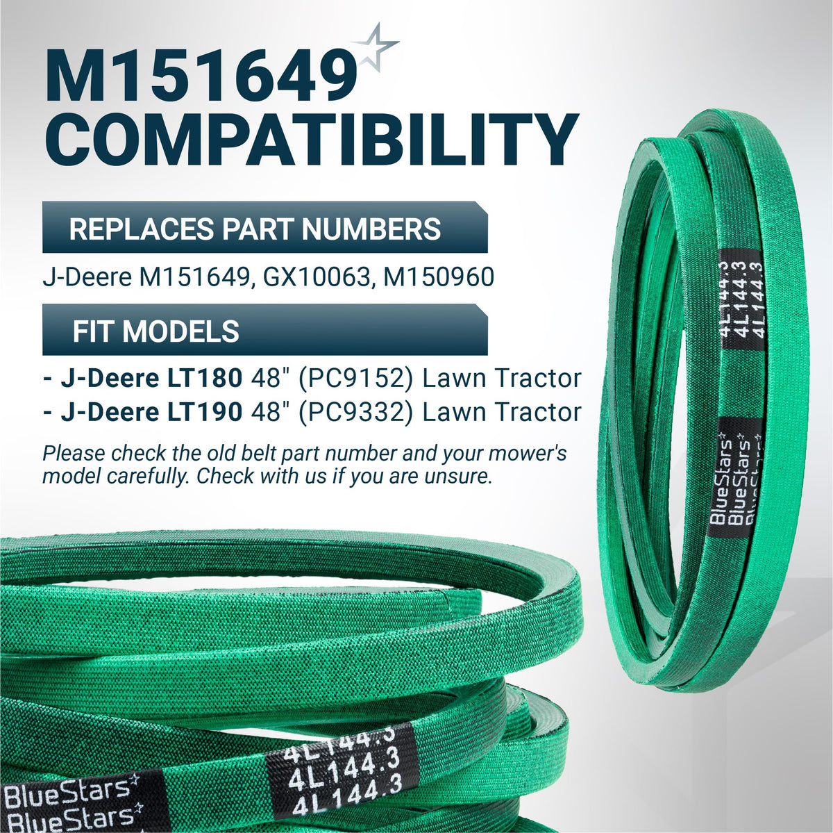 Replacement green mower deck belt M151649 for John Deere LT180 and LT190 lawn tractors.