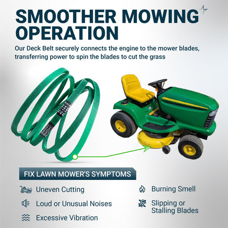 Green lawn mower deck belt shown with a riding mower to illustrate installation and common repair symptoms.