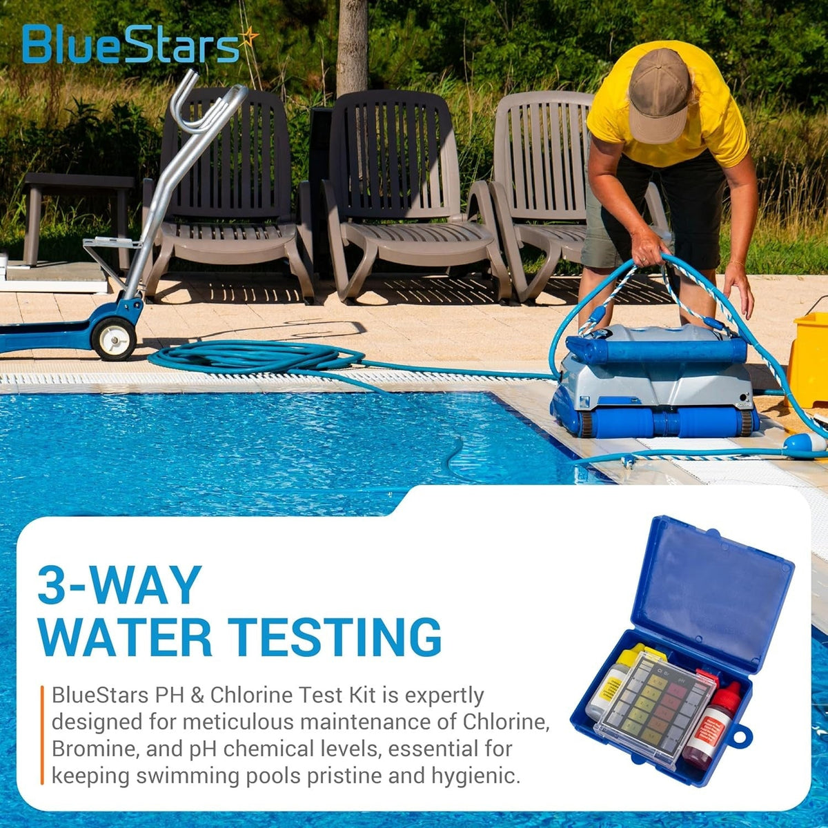 Open 3-way swimming pool and spa water test kit with reagent bottles and color-coded testing comparator.
