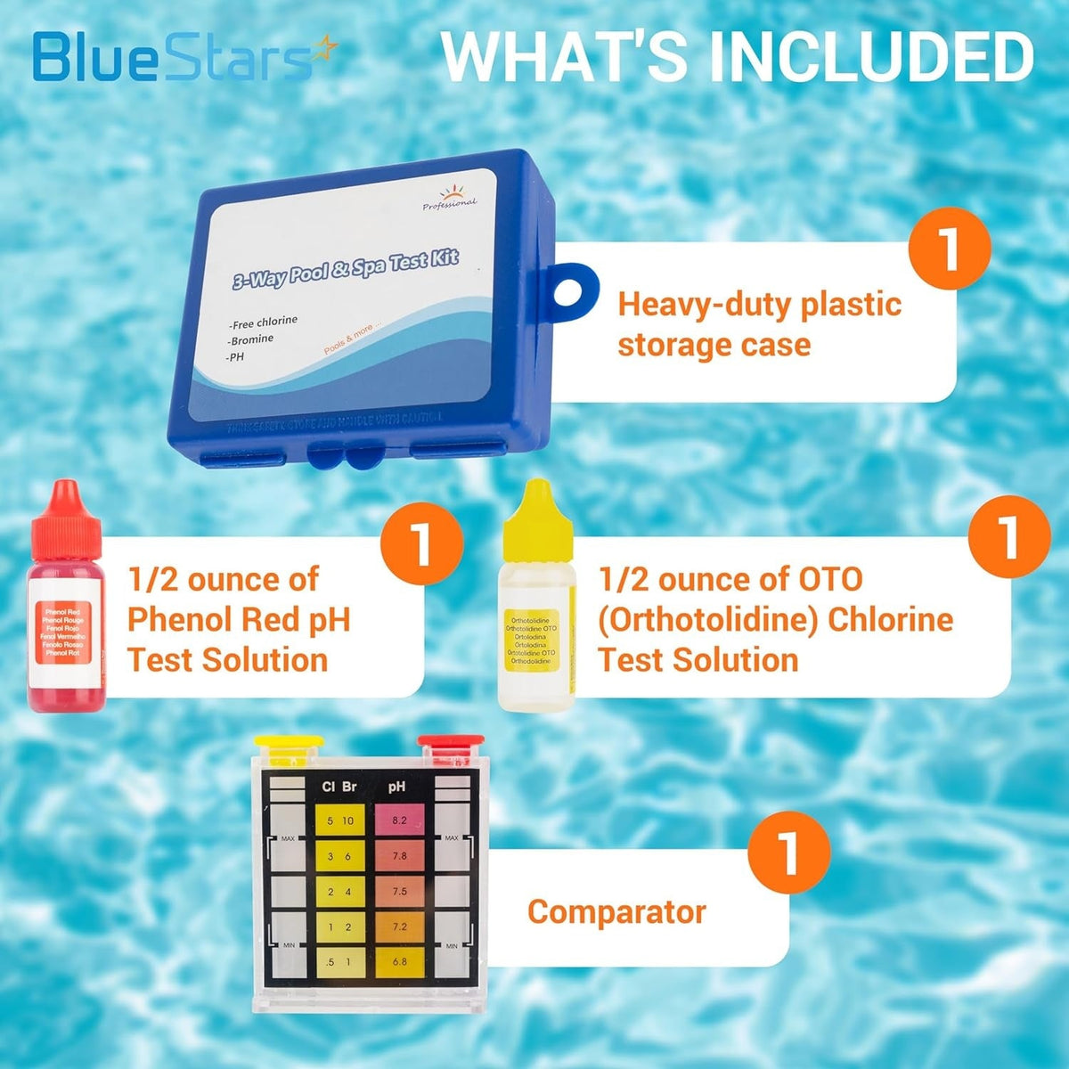 Components of 3-way swimming pool and spa water test kit including storage case, test solutions, and comparator.