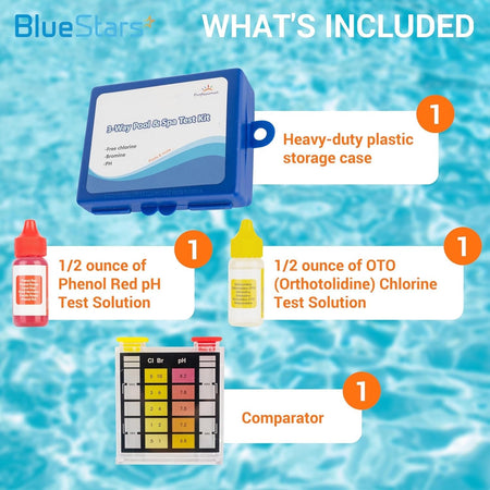 Components of 3-way swimming pool and spa water test kit including storage case, test solutions, and comparator.