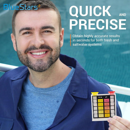 Man holding a 3-way swimming pool and spa water test kit color comparator for pH, chlorine, and bromine levels.