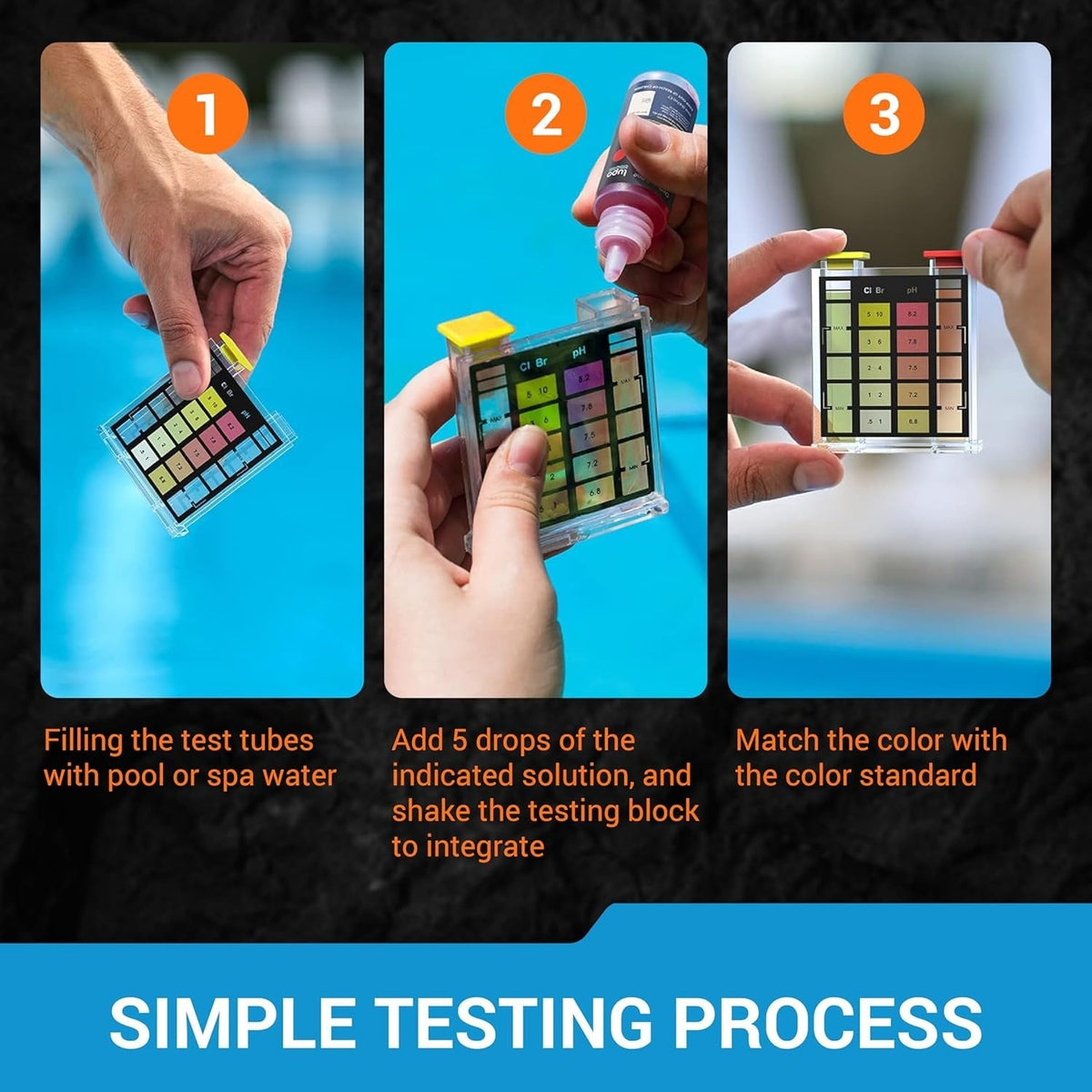 Three-step instructional graphic showing how to use a 3-way swimming pool and spa water test kit.