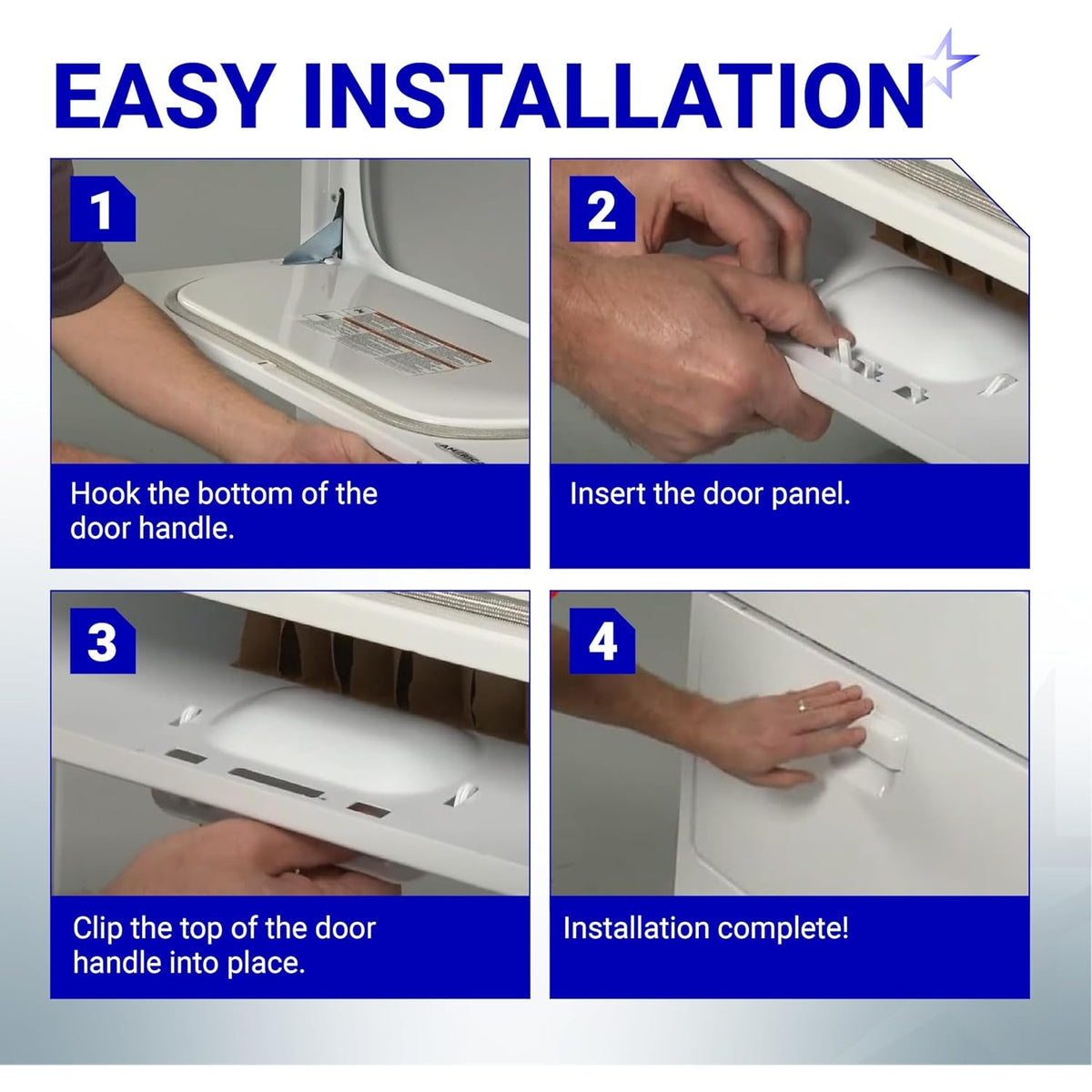 Four-step installation guide for W10861225 dryer door handle replacement on Whirlpool and Kenmore dryers.