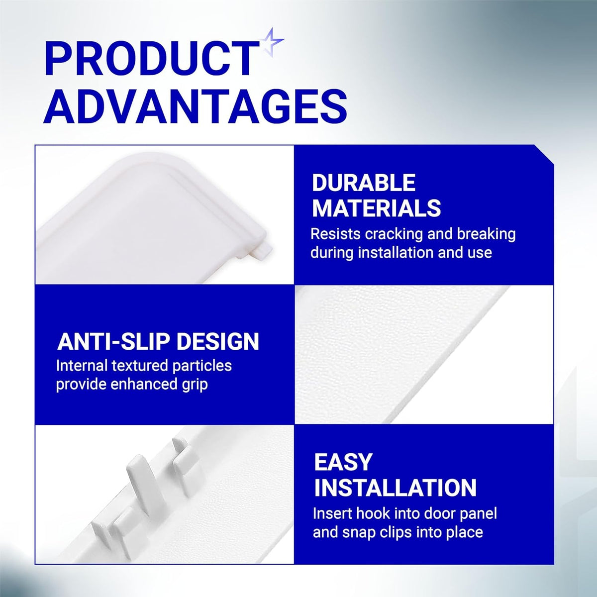 Infographic showing product advantages for W10861225 dryer handle replacement, highlighting durable, anti-slip design.