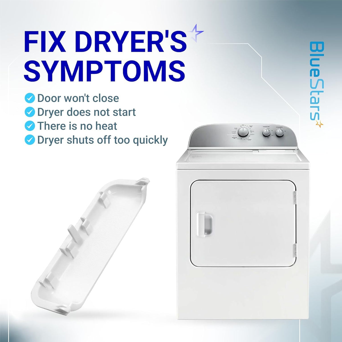 W10861225 dryer door handle replacement part shown with a compatible Whirlpool dryer and list of repair symptoms.