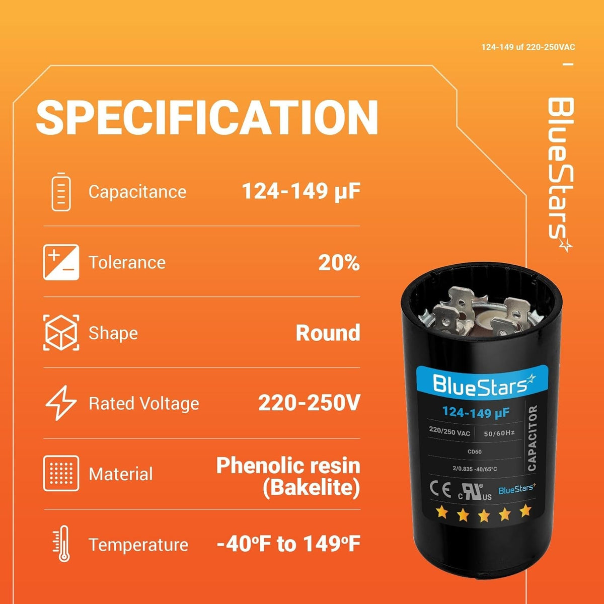 Specification chart for 124-149 uF 220-250 VAC round start capacitor with product image.