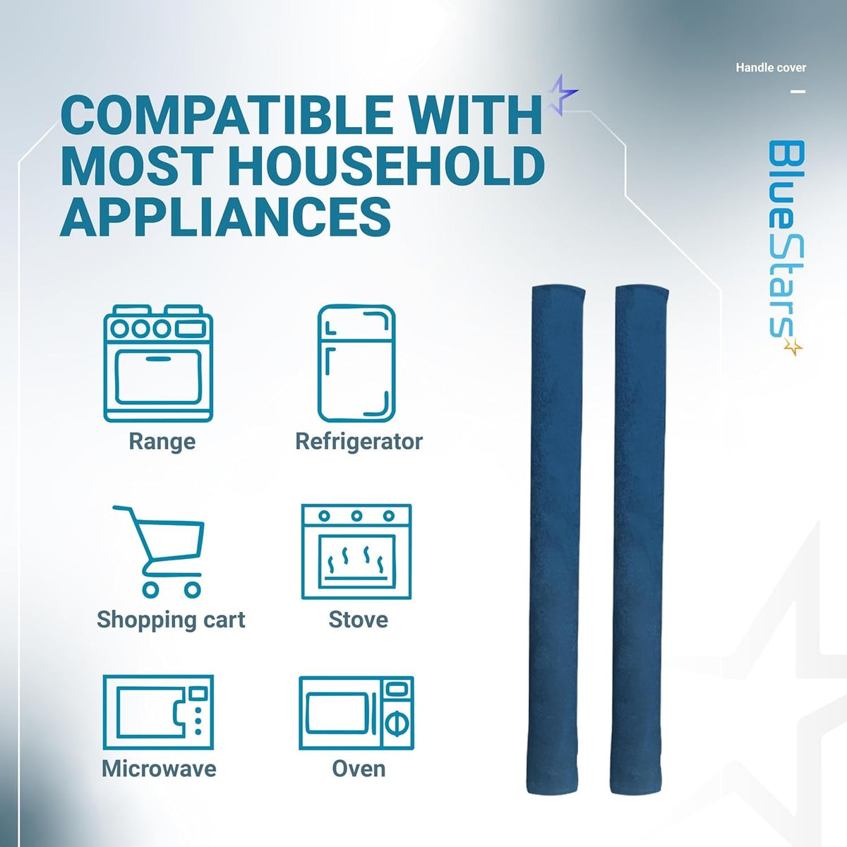 Blue refrigerator handle covers shown with compatibility icons for household appliances.