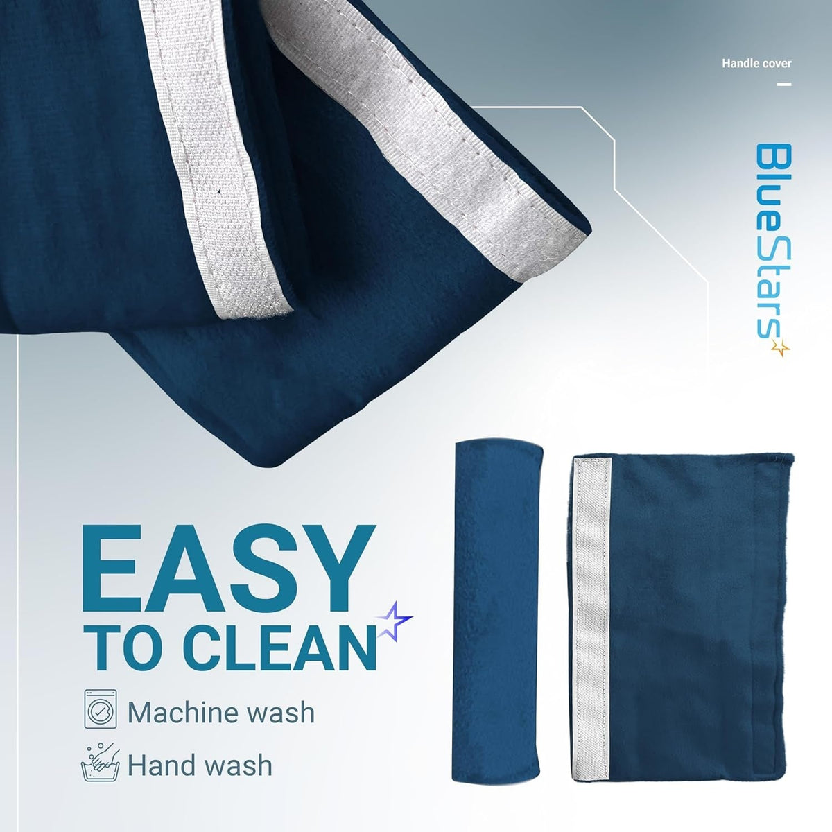 Blue fabric refrigerator and microwave handle covers with hook-and-loop fasteners, highlighting easy-to-clean design.
