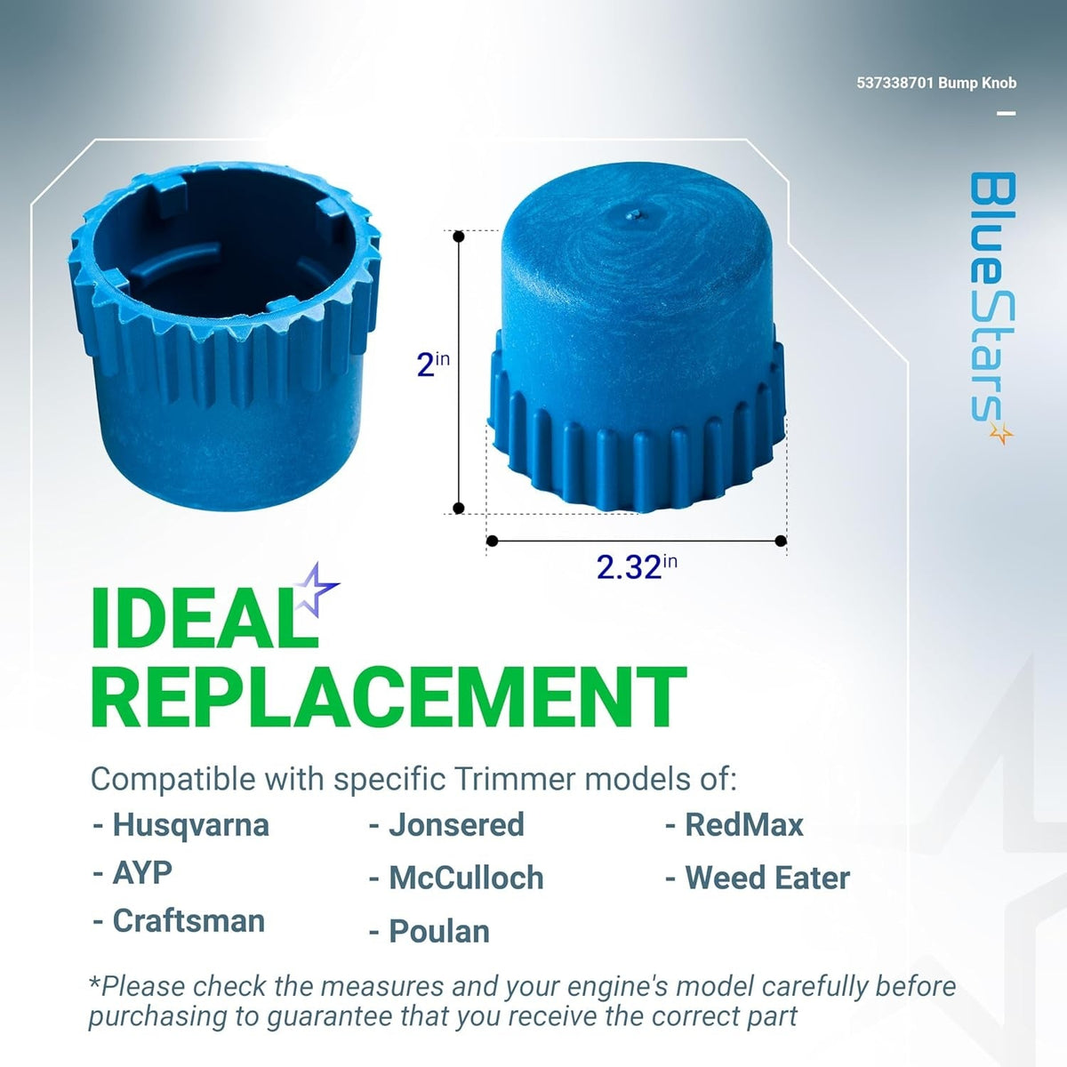 537338701 blue trimmer head bump knob replacement with dimensions for Husqvarna T25 trimmer heads.